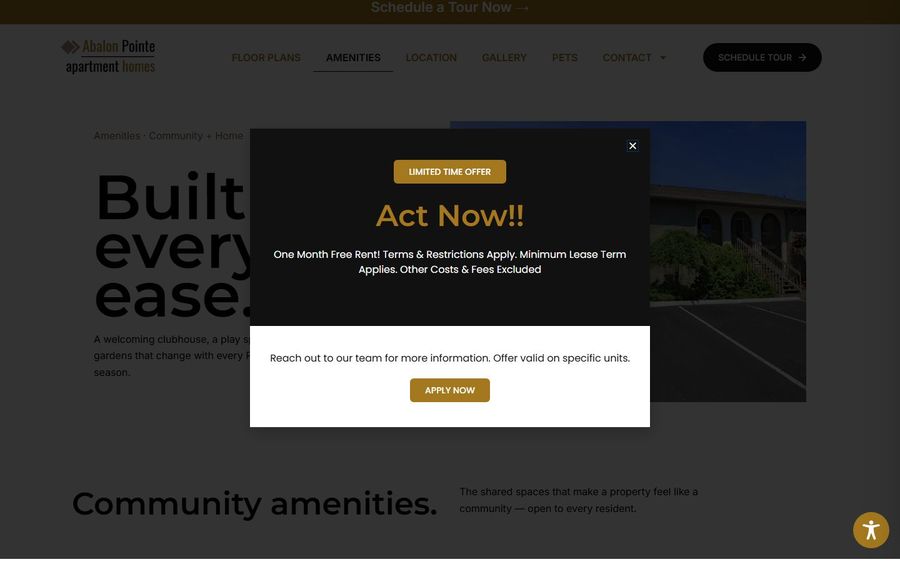 Promotional modal over a real estate site: 'Act Now!!' with 'Limited Time Offer' text and an 'Apply Now' button, obscuring the page content.