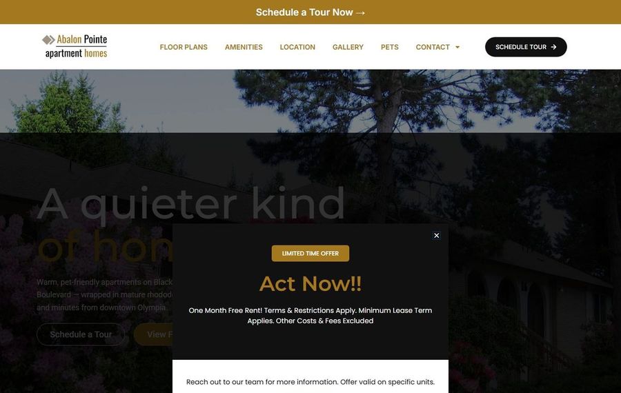 Hero image for Abalon Pointe Apartments with a centered 'Act Now!!' promo modal obscuring the background.
