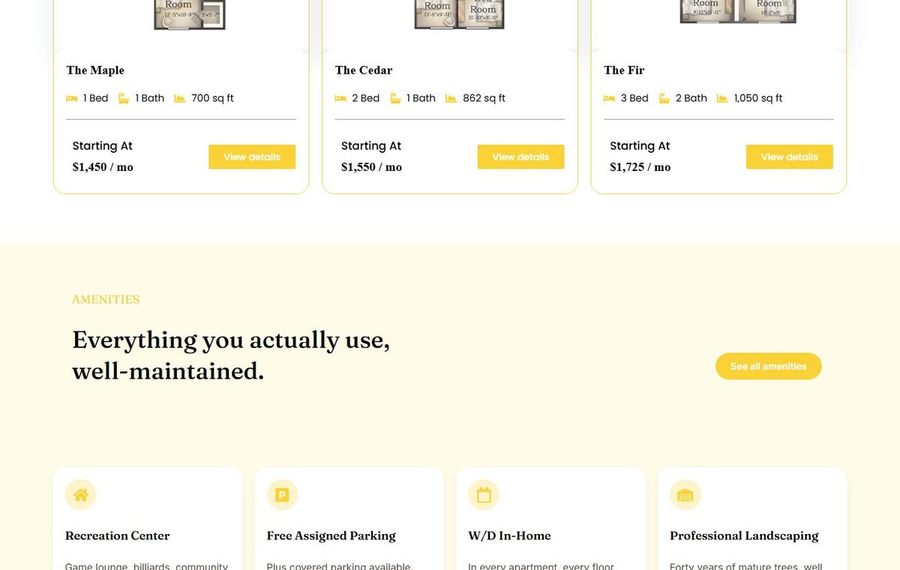 Three apartment plan cards titled The Maple, The Cedar, and The Fir show beds, baths, size, and starting monthly rents, followed by an Amenities section with a See all amenities button and four feature cards.