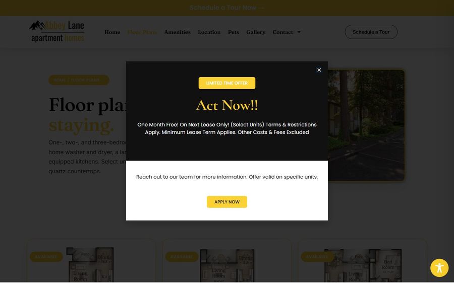 Dark promotional modal over a rental site offering a limited time deal, with 'Act Now!!' and an 'APPLY NOW' button; close icon top-right.