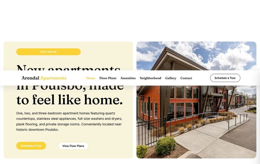 Split-screen website hero: left panel shows 'Now leasing' and bold apartment copy, right panel shows a modern apartment building under a blue sky, with a navigation bar across the middle.