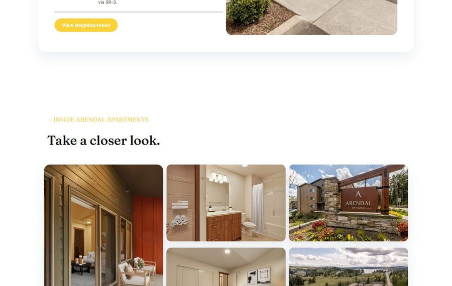 Gallery of Arendal Apartments: exterior sign and multiple interior photos (living room, bathroom, entryway) and a patio shot, teaser for a closer look.