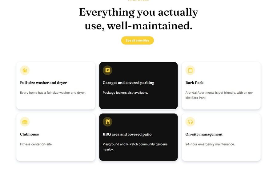 Hero section with the line 'Everything you actually use, well-maintained' and a yellow 'See all amenities' button above a 2x3 grid of six amenity cards (two dark, four light).
