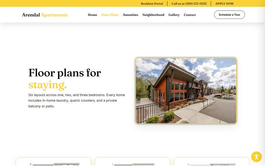 Exterior view of a modern apartment building in the Floor plans for staying hero section, Arendal Apartments.