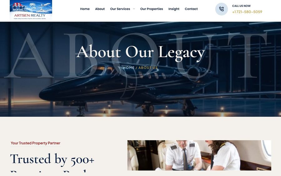 Hero banner: 'About Our Legacy' with a private jet backdrop and site header navigation above the plane scene