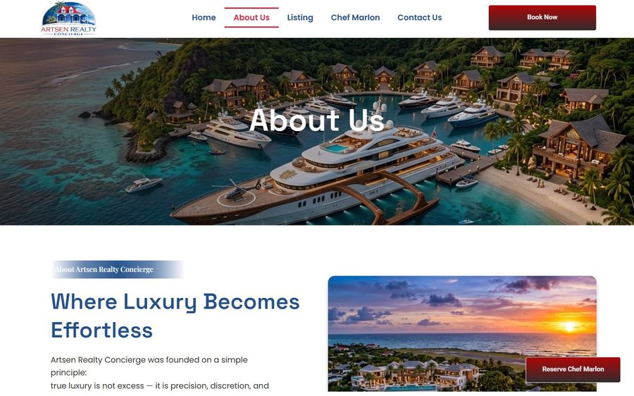 Aerial view of a luxury marina with yachts and beachfront villas along a tropical coastline used for the About Us header.