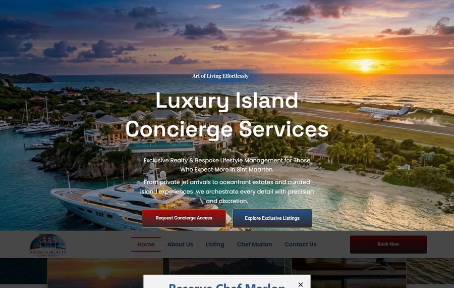 Sunset over a tropical island with yachts and palm trees; large text reads 'Luxury Island Concierge Services'.