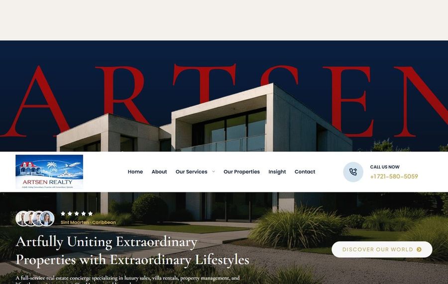Hero image for an upscale real estate site, modern house with bold red 'ARTSEN' text across a dark blue sky, featuring a white navigation bar overlay and mortgage/contact elements at the top.