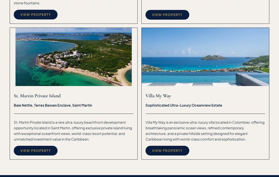 Two beachfront property cards side by side: St. Martin Private Island (left) and Villa My Way (right) with ocean views and 'View Property' buttons visible in the tiles.