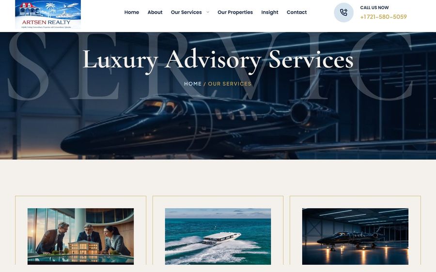 Hero banner of a private jet in a hangar with the heading 'Luxury Advisory Services' on a luxury business page