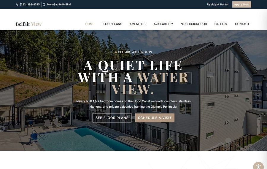 Hero image of Belfair View housing development with water view and pool, promoting a quiet life by the water.