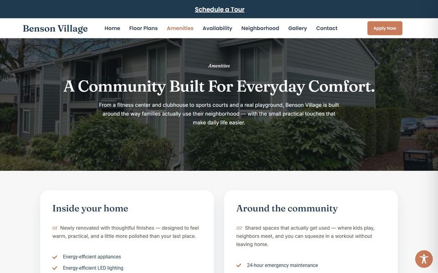 Benson Village homepage hero with a house photo, top navigation, and the headline 'A Community Built For Everyday Comfort'.