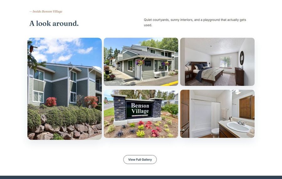 Gallery of Benson Village homes: exterior buildings, welcome sign, and interior rooms (bedroom and bathroom) in rounded thumbnails.