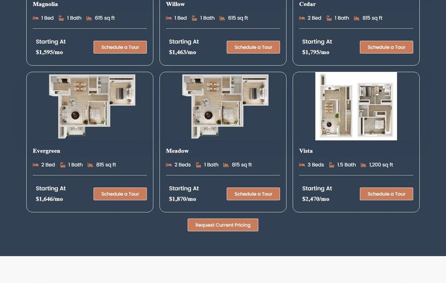 Grid of three property cards: Evergreen, Meadow, and Vista with floor plans, beds/baths, sizes, and Schedule a Tour buttons.