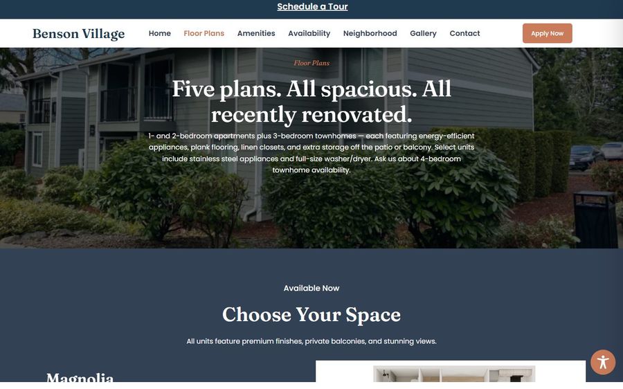 Hero banner for Benson Village showing a residential building exterior with overlaid text: 'Five plans. All spacious. All recently renovated.'