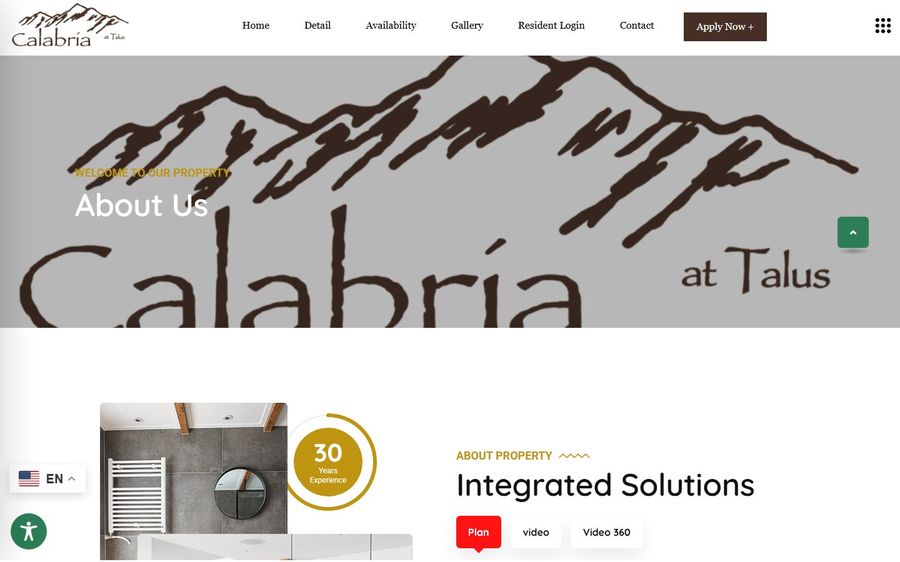 Brand hero banner with a stylized mountain logo and 'About Us' text on the Calabria at Talus site