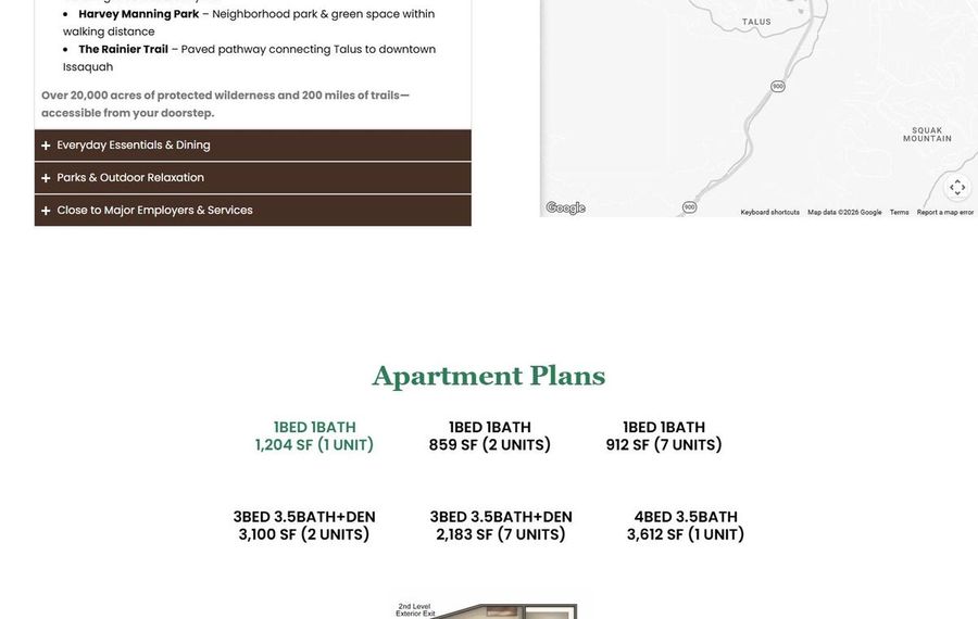 Section titled Apartment Plans showing floor plan options: 1BD 1BA 1,204 SF (1 unit); 1BD 1BA 859 SF (2 units); 1BD 1BA 912 SF (7 units); 3BD 3.5BTH+DEN 3,100 SF (2 units); 3BD 3.5BTH+DEN 2,183 SF (7 units); 4BD 3.5BATH 3,612 SF (1 unit).