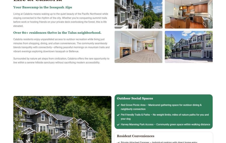 Promotional real estate page with a collage of townhome exterior photos and interior shots alongside green text panels about amenities and living areas.