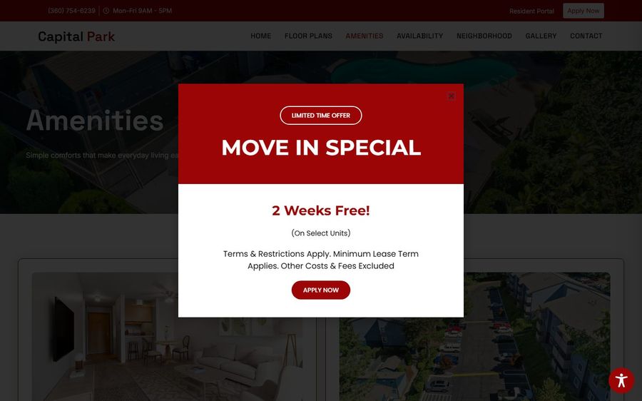 Promotional modal popup over a darkened page: red header says 'Move In Special' with '2 Weeks Free!' and an 'Apply Now' button.
