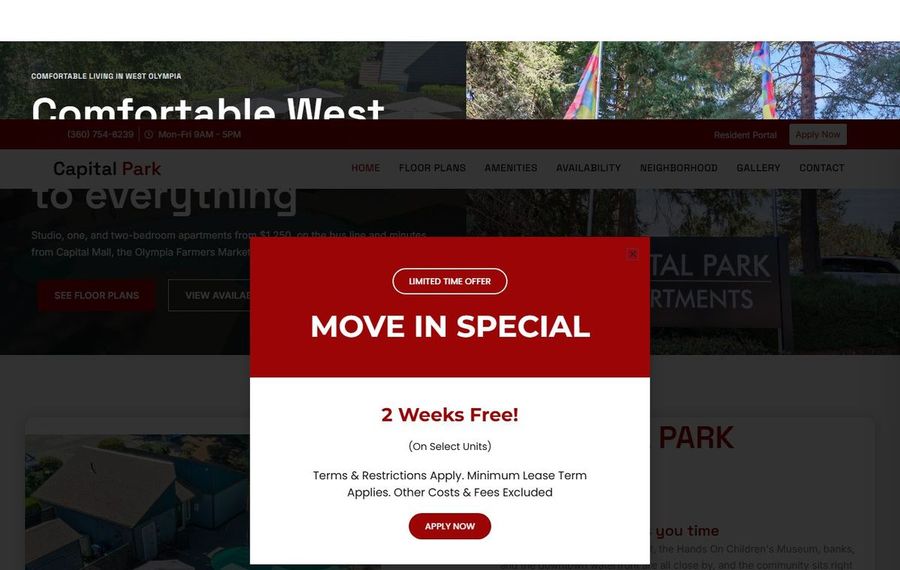 Website showing a real estate promo modal: red and white 'Move In Special' offer with '2 Weeks Free!' over a property listing page.