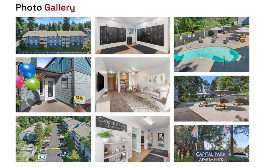 Gallery of Capital Park Apartments showing building exterior, lobby, pool, and outdoor seating areas.