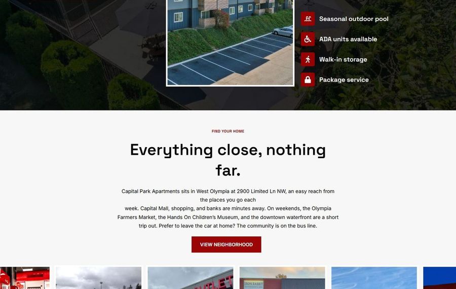 Hero image for Capital Park Apartments: bold tagline “Everything close, nothing far” with amenity list (outdoor pool, ADA units, walk-in storage, package service).