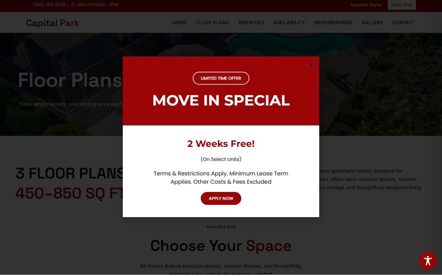 Promotional Move In Special modal: red header reading 'MOVE IN SPECIAL' with '2 Weeks Free!' and an 'APPLY NOW' button, over a darkened real estate page.