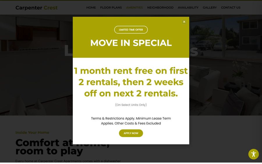 Promotional modal overlay announcing a move-in special: 1 month rent free on first two rentals, then 2 weeks off on next two rentals, with Apply Now button (limited time offer).