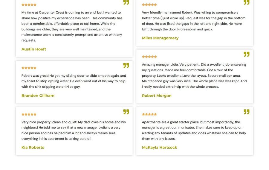 Six testimonial cards in a two-column grid, each with a quote mark and a customer name at the bottom.