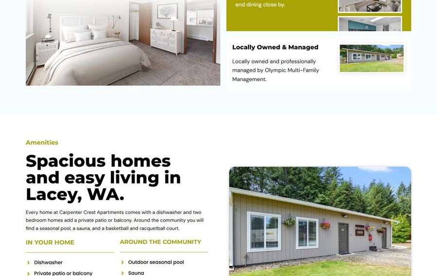 Collage of a bright modern bedroom and a single-story gray apartment home with a yellow door and small garden.