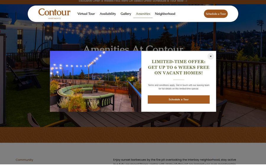 Promo modal on Contour Apartments site offering up to 6 weeks free on vacant homes; behind it is a rooftop patio with string lights on the amenities page.