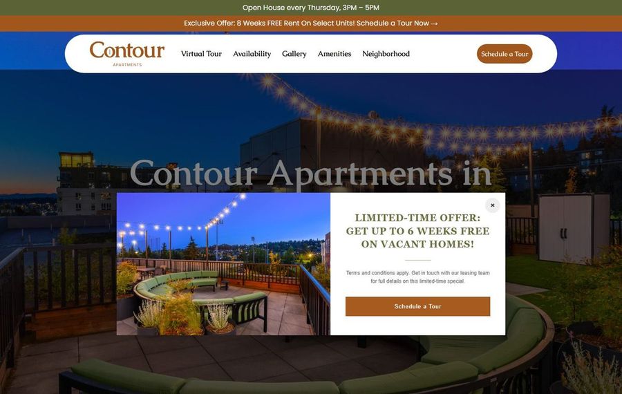 Rooftop terrace at dusk for Contour Apartments with string lights and a promo popup about up to 6 weeks free on vacant homes.