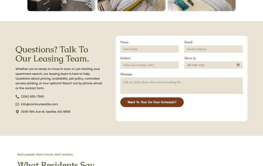 Beige contact section with a leasing team headline and a white contact form showing fields for name, email, subject, move-in date, and message; brown rounded button invites scheduling a tour.