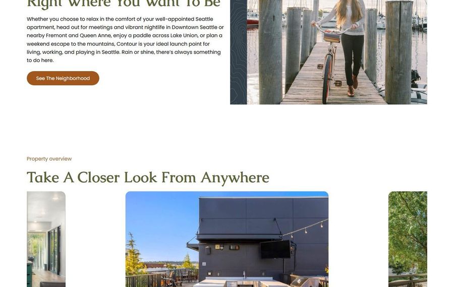 Property overview: headline 'Take A Closer Look From Anywhere' with three property thumbnails, interior left, rooftop center, trees right.