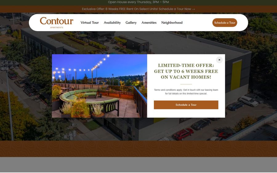 Aerial view of Contour Apartments with a white curved header; foreground shows a promo modal offering up to 6 weeks free and a Schedule a Tour button.