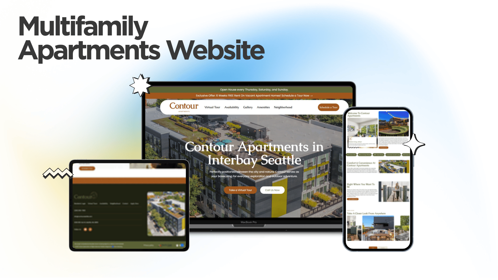 Hero image showing a laptop, tablet, and smartphone displaying a modern multifamily apartment website mockup. The composition highlights a large headline about Multifamily Apartments Website.
