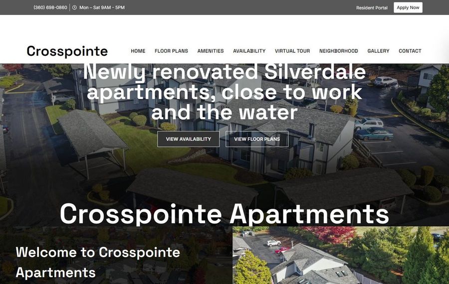 Aerial view of Crosspointe Apartments with large overlay text reading 'Newly renovated Silverdale apartments, close to work and the water' and two call-to-action buttons: 'View Availability' and 'View Floor Plans'