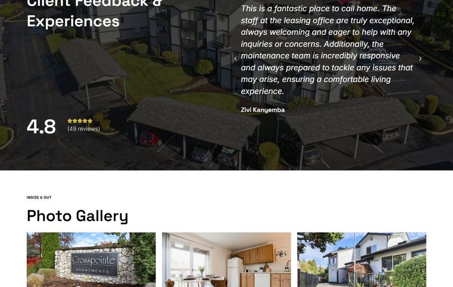Aerial view of an apartment complex with a testimonial quote bubble and a 4.8 rating overlayed on the image.