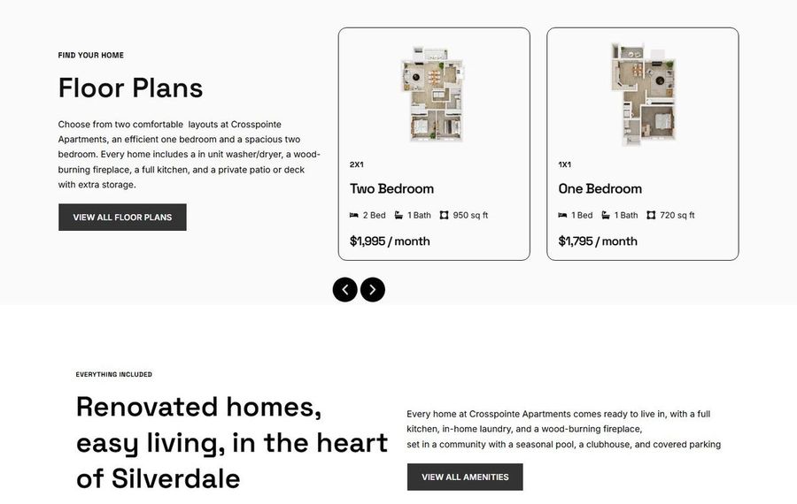 Hero section showing Floor Plans with two apartment options (Two Bedroom and One Bedroom) and a View All Floor Plans button; includes brief descriptions and monthly prices.