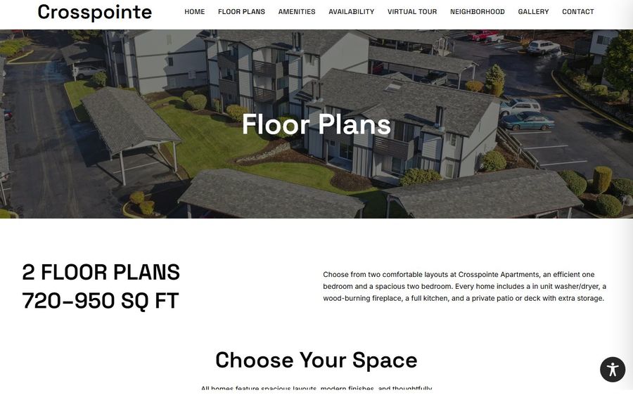 Aerial view of Crosspoint Apartments buildings with a large 'Floor Plans' overlay, serving as the page header.