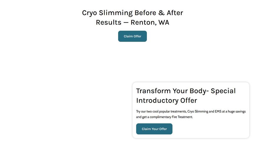Promotional header for Cryo Slimming before/after results in Renton, WA with a blue 'Claim Offer' button and a white rounded promo card reading 'Transform Your Body, Special Introductory Offer' and a 'Claim Your Offer' button.