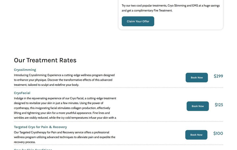 Section titled 'Our Treatment Rates' with a list of treatments and prices: Cryoslimming (9), CryoFacial (5), Targeted Cryo for Pain & Recovery (0) and each has a 'Book Now' button to the right.