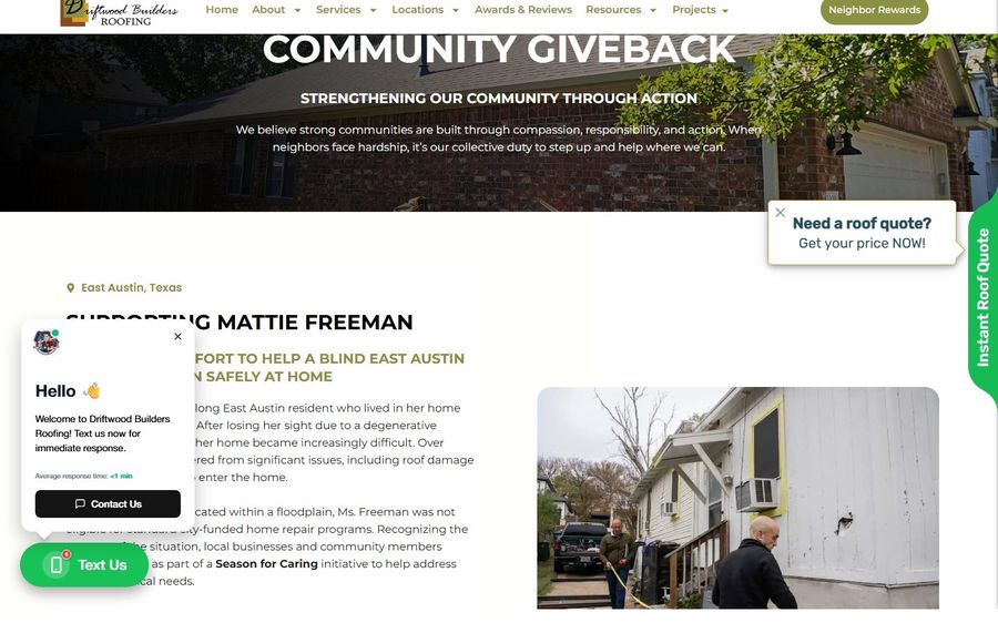 Screenshot of Driftwood Builders Roofing 'Community Giveback' page showing a brick house, hero text, and a side 'Need a roof quote?' widget.