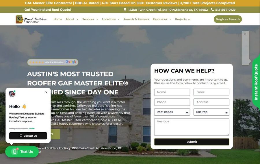 Homepage hero showing a large suburban house with a blue sky; bold headline touts the roofer as trusted and elite, with a right-side white 'How can we help?' contact form and floating chat/cta widgets (Text Us, Contact).