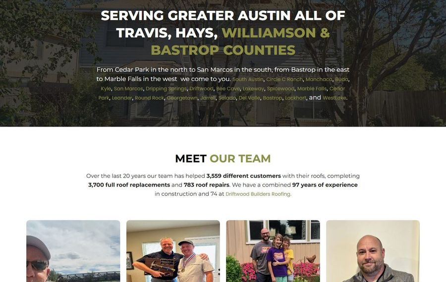 Hero banner listing service area (Greater Austin, Travis, Hays, Williamson & Bastrop Counties) over a tree-filled background; below is a 'Meet Our Team' section with team photos.