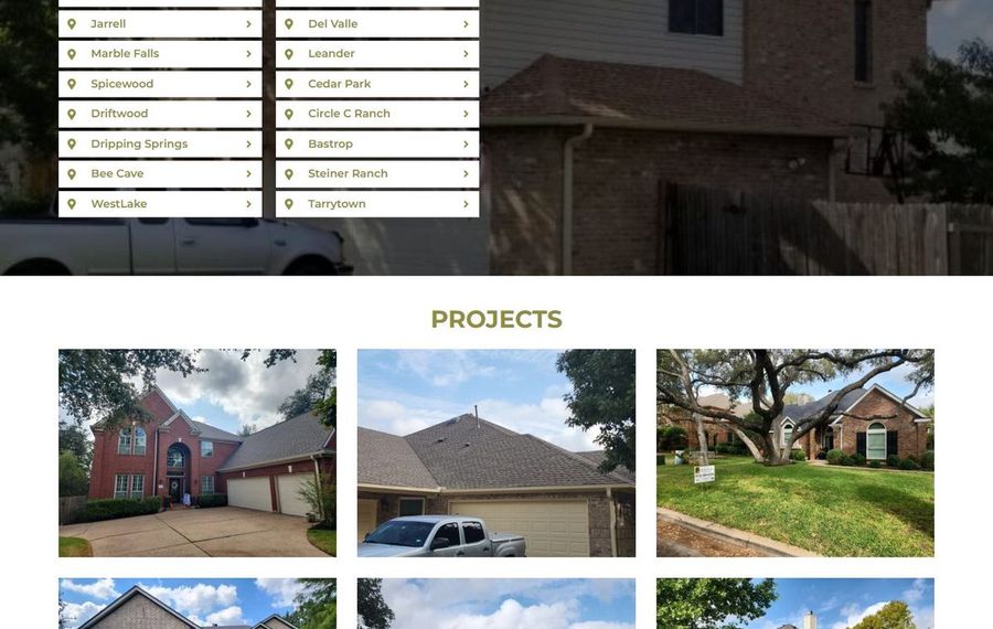 Projects page: grid of six property photos with a 'PROJECTS' heading; neighborhood list shown above as a menu.