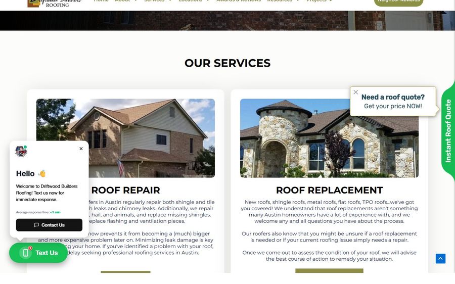 Our Services page with two service cards: Roof Repair and Roof Replacement, each showing a house photo and descriptive text.