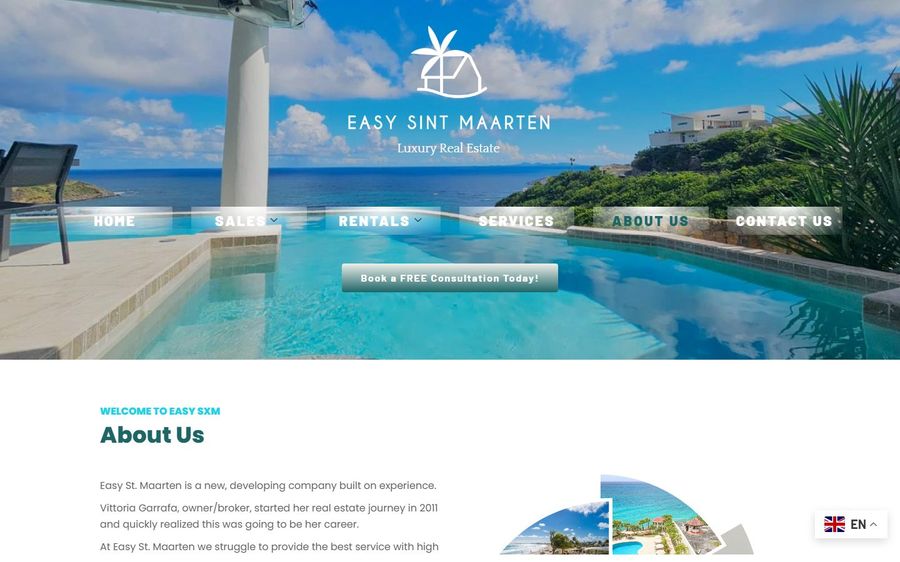 Hero banner: a luxury villa with an infinity pool and sea view, featuring Easy Sint Maarten Luxury Real Estate branding and navigation menu.