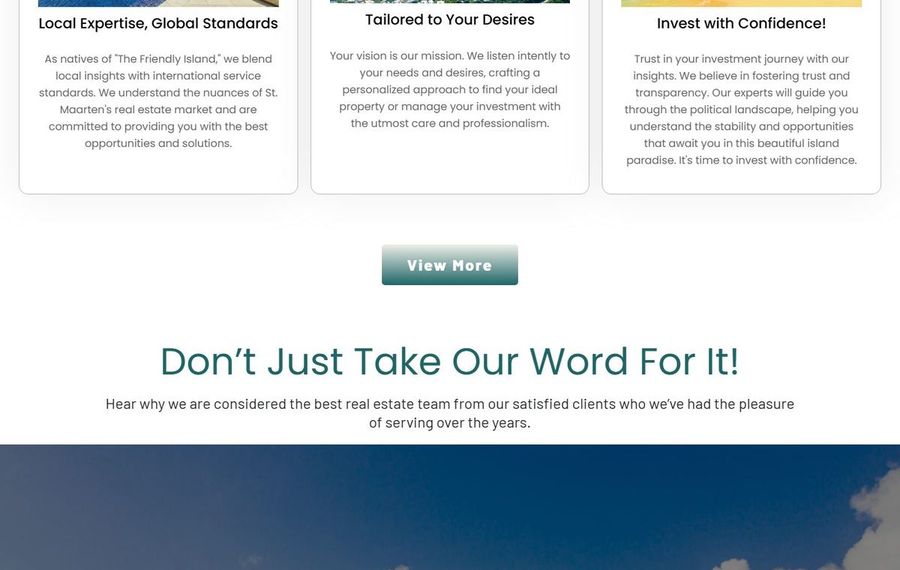 Three white cards highlight Local Expertise, Tailored to Your Desires, and Invest with Confidence, above a 'View More' button.
