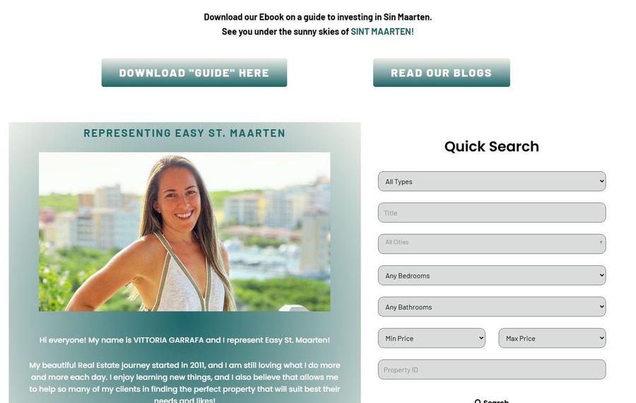 Portrait of a smiling woman with a city skyline background on an Easy St. Maarten real estate page, with two teal call-to-action buttons above: 'Download “Guide” Here' and 'Read Our Blogs' and a Quick Search form to the right.